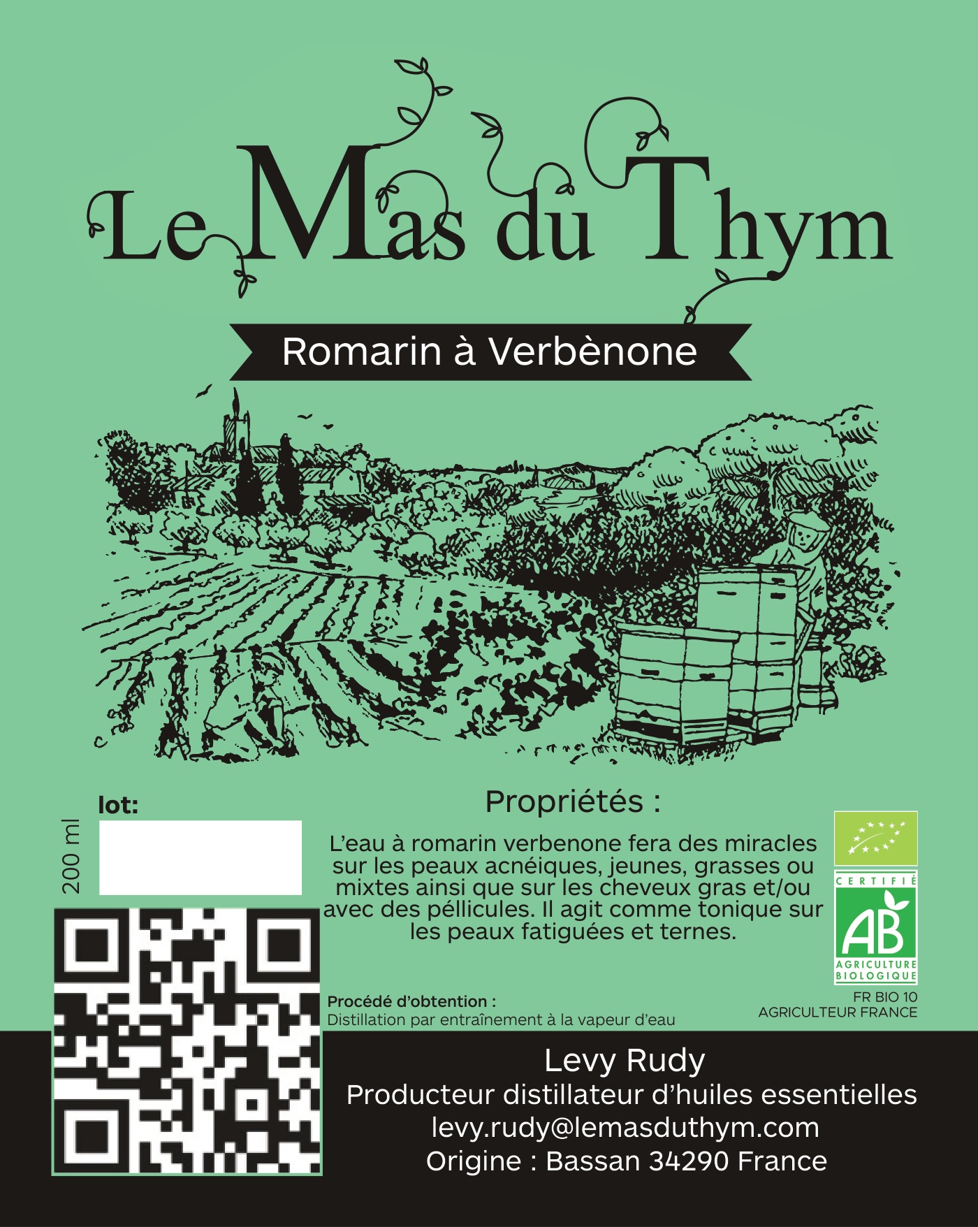 Étiquette originale — Eau florale de romarin à verbénone