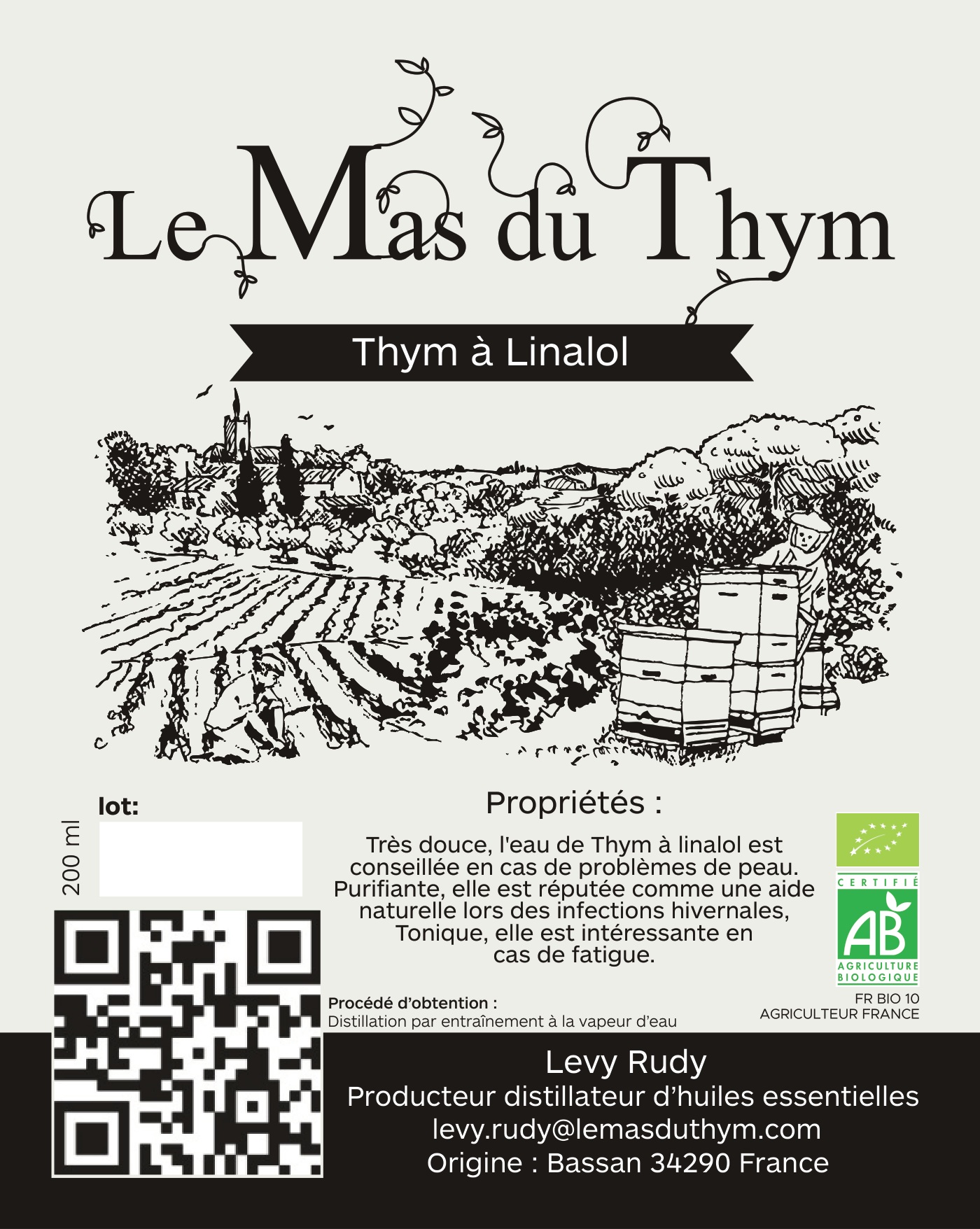Étiquette originale — Eau florale de thym à linalol
